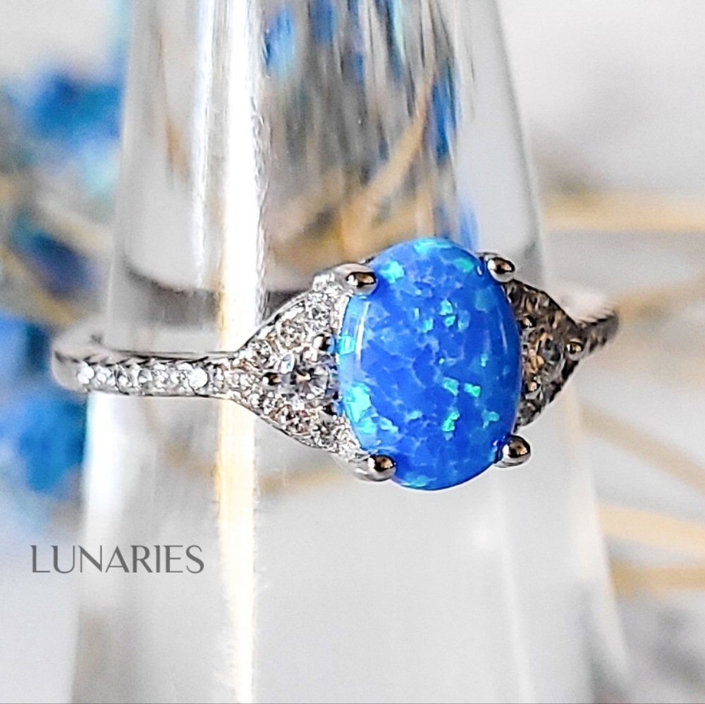 925 Sterling Silver Delicate Blue Opal CZ Halo Ring, Dainty Opal Ring